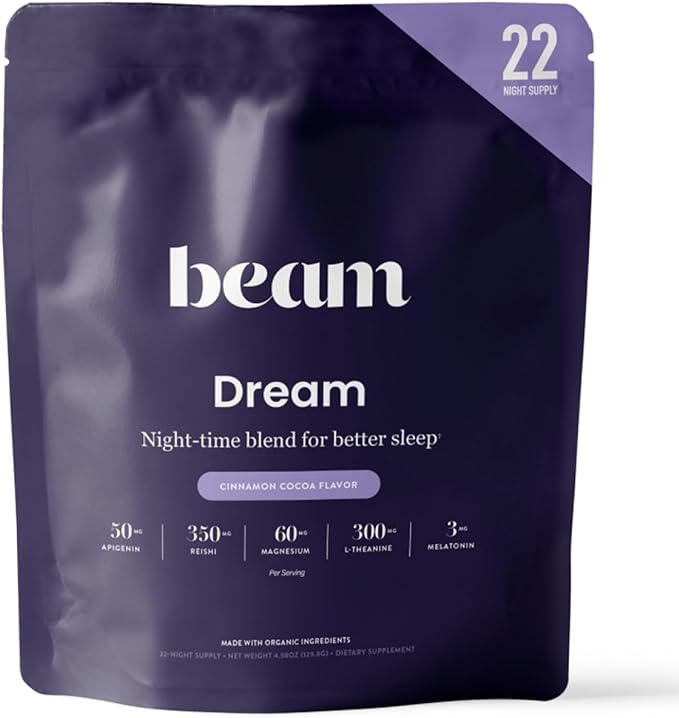 Beam Dream Sleep Powder, Natural Sleep Aid and Magnesium Hot Cocoa Drink for Adults, Calming Sleep Supplement with Apigenin, Nighttime Sleep Drink Powder, Third Party Tested Supplement, 22 Servings