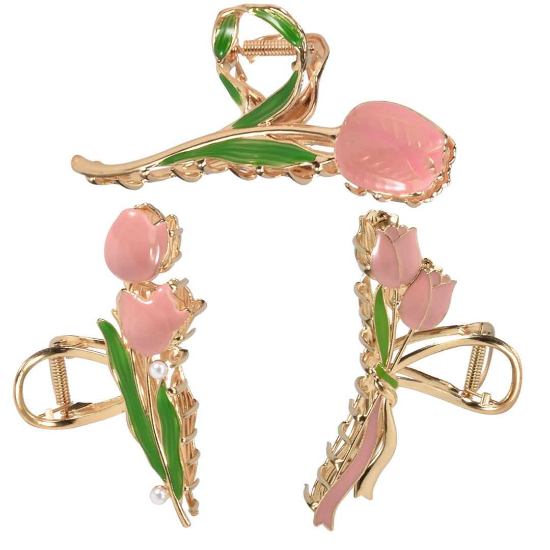 Yonchic 3-Piece Floral Metal Hair Clips, 3-Style Tulip Claw Clamps for Thin/Medium Thick Hair, Elegant Barrettes with Strong Hold and Non-Slip Cute Accessories