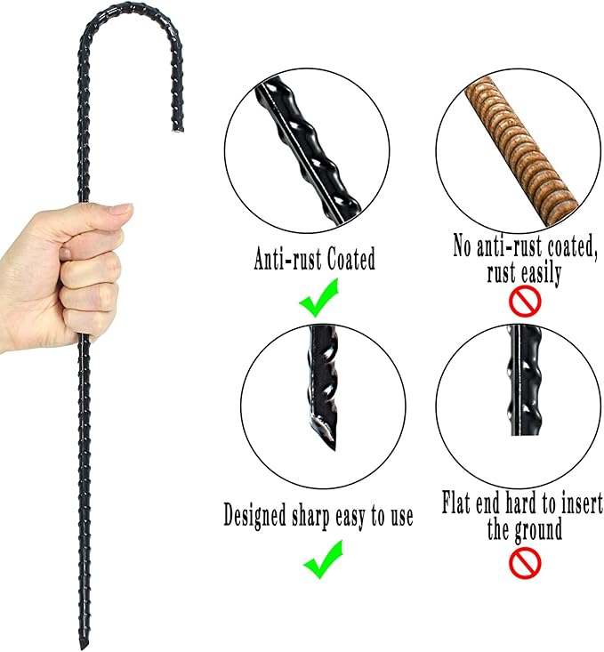 16 Inch Ground Rebar Stakes, J Hook Extra Heavy Duty Rust Proof Coated Steel Ground Anchors with Chisel Point End for Camping Tent and Canopy Tent (8)