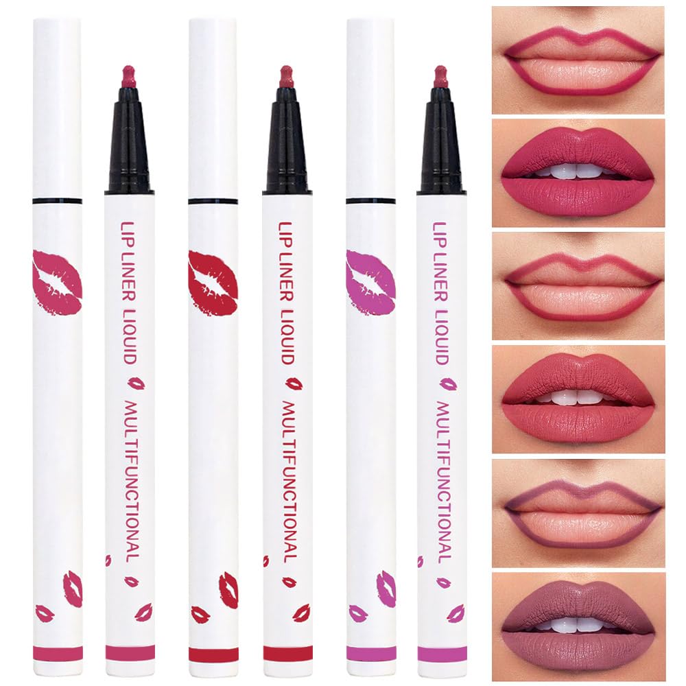 Kaely 3Pcs Pink Rose Pink Orchid Longwear Liquid Lip Liner Waterproof, 24 Hour Long Lasting Lip Liner Stain Peel Off Marker Pen, 2-in-1 Matte Semi Permanent Lipliner & Lipstick, 02+04+08