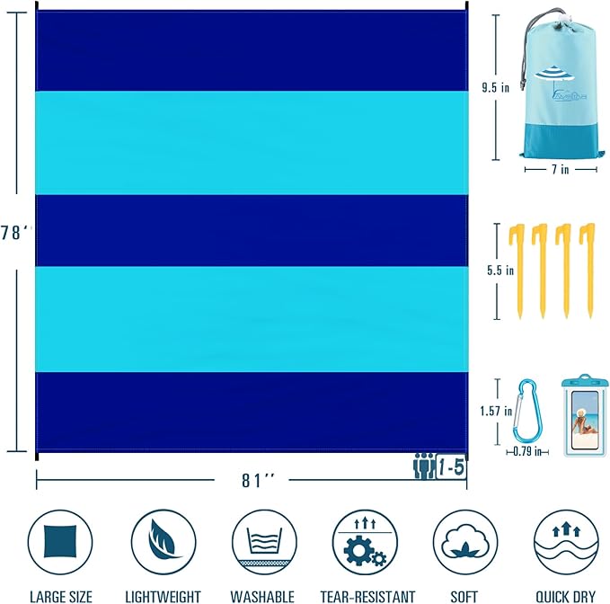 Beach Blanket Sandproof Waterproof 78''×81''1-5 Adults Oversized,Compact Lightweight Durable Beach Mat for Travel Camping Hiking Picnic Blanket