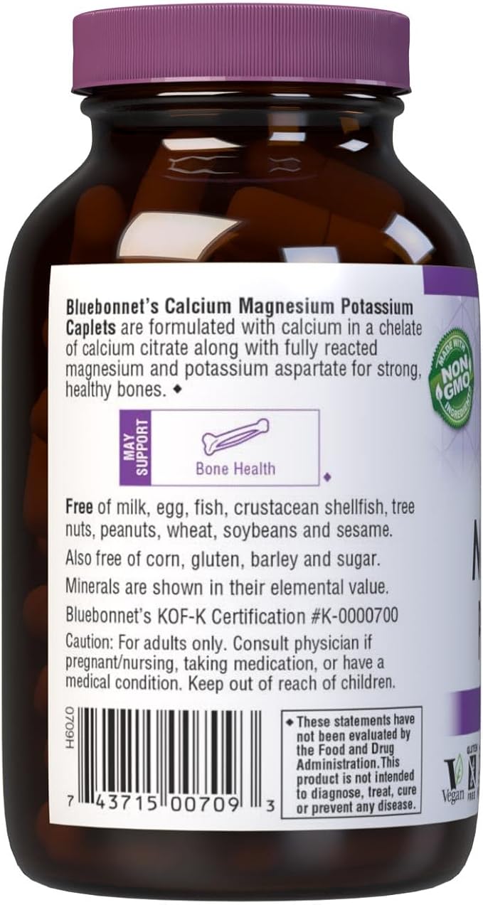 Bluebonnet Calcium Magnesium Potassium Supplement for Women & Men - Supports Healthy Bones - Calcium 1000mg Mineral Supplement Chelate Form - Non-GMO, Vegan, Gluten-Free – 90 Caplets