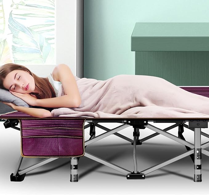 ABORON Folding Camping Cot W/Mat for Adults, Heavy Duty Outdoor Bed with Carry Bag,1200 D Layer Oxford Travel Camp Cots (1, Red Stripe with Blue Pad)