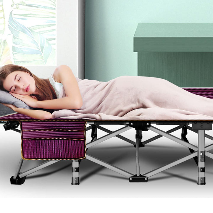 ABORON Folding Camping Cot W/Mat for Adults, Heavy Duty Outdoor Bed with Carry Bag,1200 D Layer Oxford Travel Camp Cots (1, Red Stripe with Blue Pad)