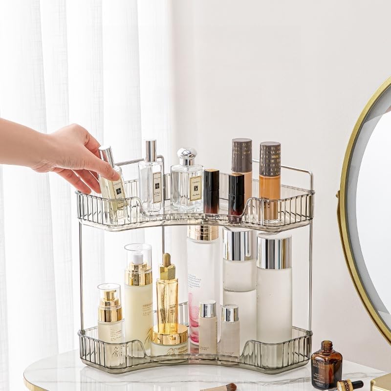 Corner Bathroom Vanity Organiser - Skincare Makeup Organiser Shelf, 2 Tier Grey Counter Shelf for Cosmetics, Toiletries, Lotions, Perfumes