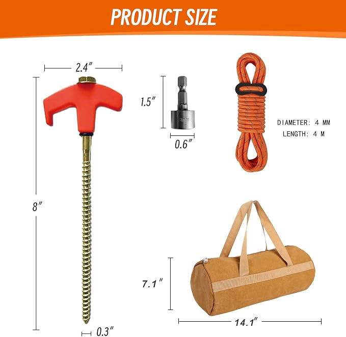 12 Pack Tent Stakes Heavy Duty, Screw in Tent Stakes Heavy Duty, Metal Tent Stakes, 8" Tent Pegs, Camping Stakes, with 1 Hex Head Driver, 1Stopper T Pull Hook, with 4 X 13ft Ropes,Storage Box (B1)