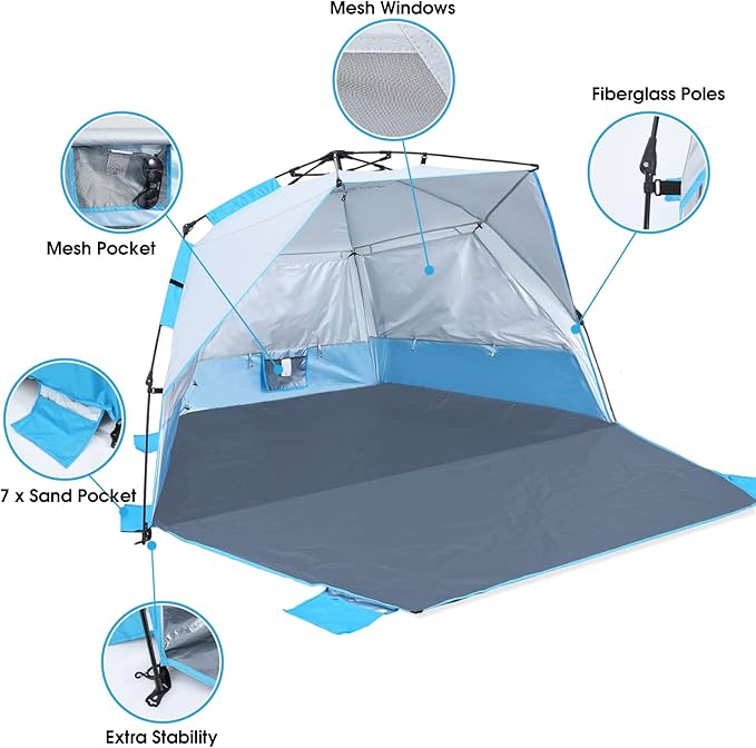 Beach Tent Instant Pop up Sun Shade Shelter for 4-6 Person with UV Protection，Extended Floor，3 Mesh Roll Up Windows with Carry Bag, Sandbags, Stakes(Sky Blue)