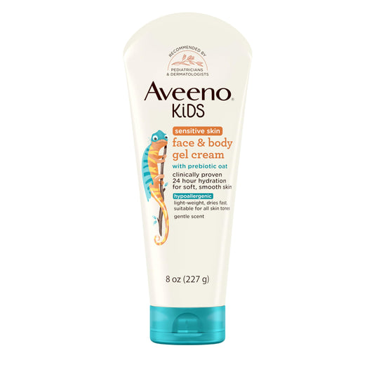 Aveeno Sensitive Skin Face & Body Gel Cream for Kids with Prebiotic Oat, Clinically Proven 24 Hour Hydration for Soft Skin, Quick Drying and Lightweight, Hypoallergenic, 8 oz