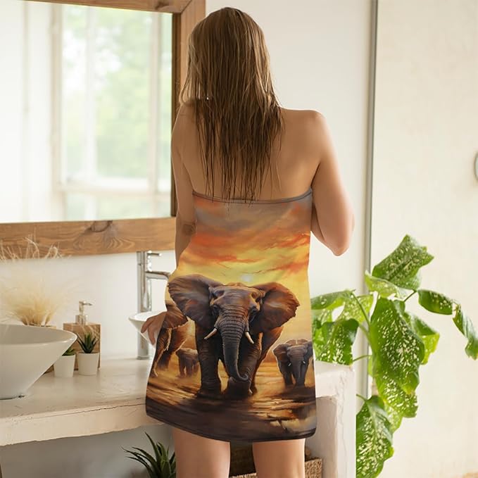 African Elephant Beach Towel Oversized Quick Dry Beach Blanket Microfiber Sand Free Absorbent Lightweight Sunset Elephant Pattern Bath Towel for Pool Travel Swimming Camping Women Men, 30" x 60"
