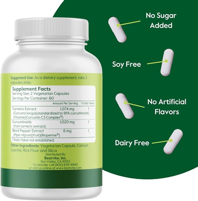 BESTVITE Curcumin 510mg (Turmeric)(120 Vegetarian Capsules) with Curcumin C3 Complex & Bioperine - Standardized to 95% Curcuminoids - No Stearates - Vegan - Non GMO - Gluten Free