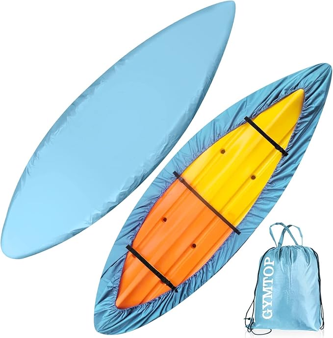 GYMTOP 7.8-18ft Waterproof Kayak Cover - UV Protection Sunblock Shield for Fishing Boat/Kayak/Canoe - 7 Sizes [Light Blue(Upgraded), Suitable for 13.8-15ft Kayak]