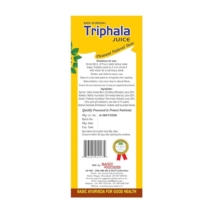 BASIC AYURVEDA Triphala Juice | 32.46 Fl Oz (960ml) | Organic Fruit Juice of Amla Bibhitaki & Haritaki | Natural Source of Vitamin C | for Healthy Hair & Digestion