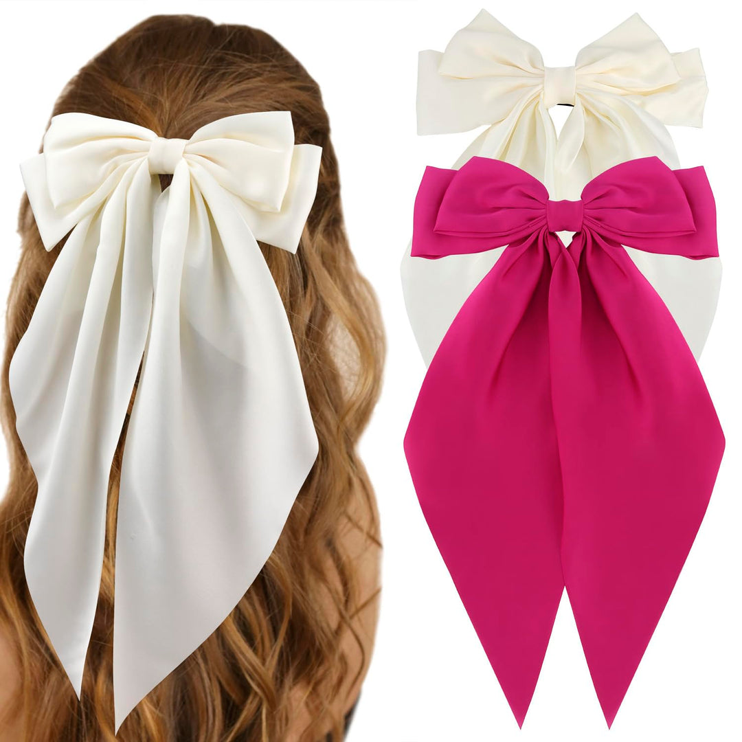 Atoden Silky Satin Hair Bows 2Pcs Beige Hot Pink Big Hair Bows For Women Oversized Long Tail Bow Hair Clips Large Hair Ribbons B