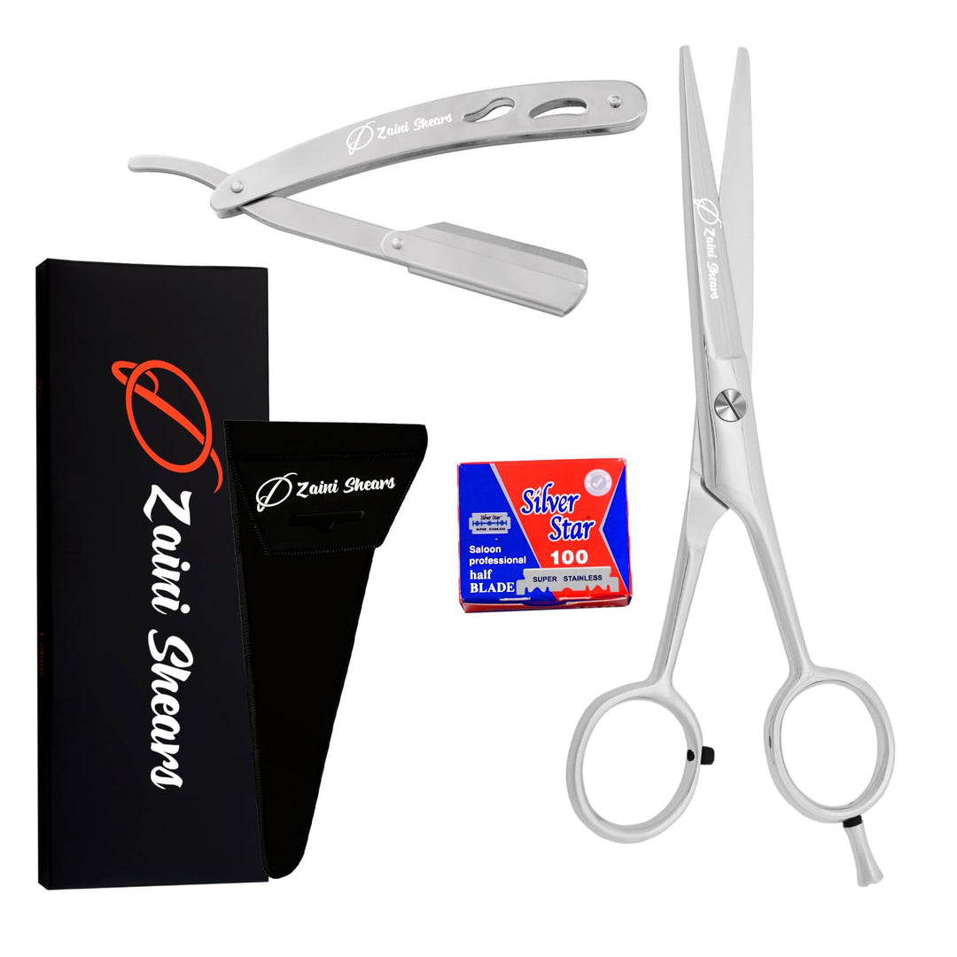 Silver Kit Professional Barber Scissors - 6" Hair Cutting Scissors with 100 Single Side Blades, Extremely Sharp Japanese Stainless Steel Razor