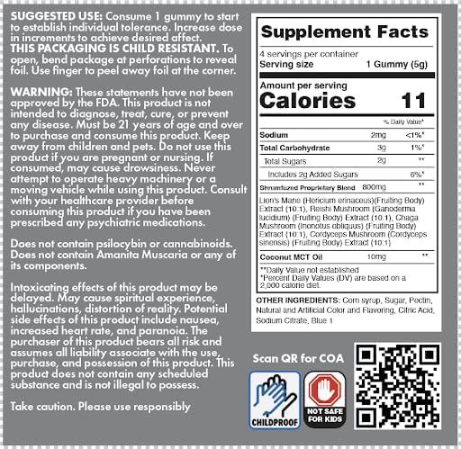 Proprietary Nootropic Gummy 3200mg - Lion's Mane, Reishi, Chaga, and Cordycep Nootropic Tripee Mushroom Blend (4, Assorted)