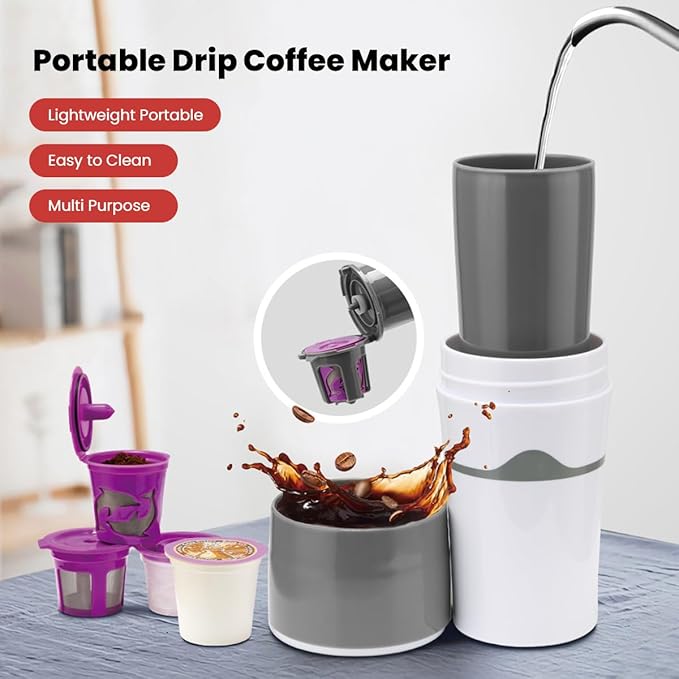 450ml Portable Drip Coffee Travel Mug, Side Leakage Proof Sharing Cup Lid Drip Coffee Machine with 3 Capsules for K Cup Capsules (Grey and White)