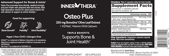 Osteo Plus 4-in-1 Comprehensive Supplement - Calcium with Vitamin D3, K2 and Bonolive - Supports Healthy Aging - Gluten-Free, Non-GMO, Vegan (60 Count)