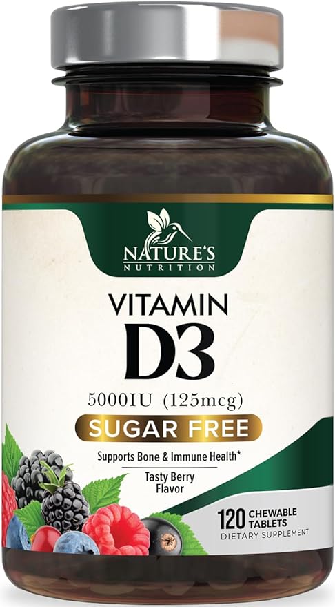 Vitamin D3 5000 IU (125 mcg) - Chewable Vitamin D Supplements for Bone, Teeth, Muscle & Immune Support, Sugar Free, Non-GMO, Gluten Free, Nature's Extra Strength D3 Vitamin - 120 Chewable Tablets