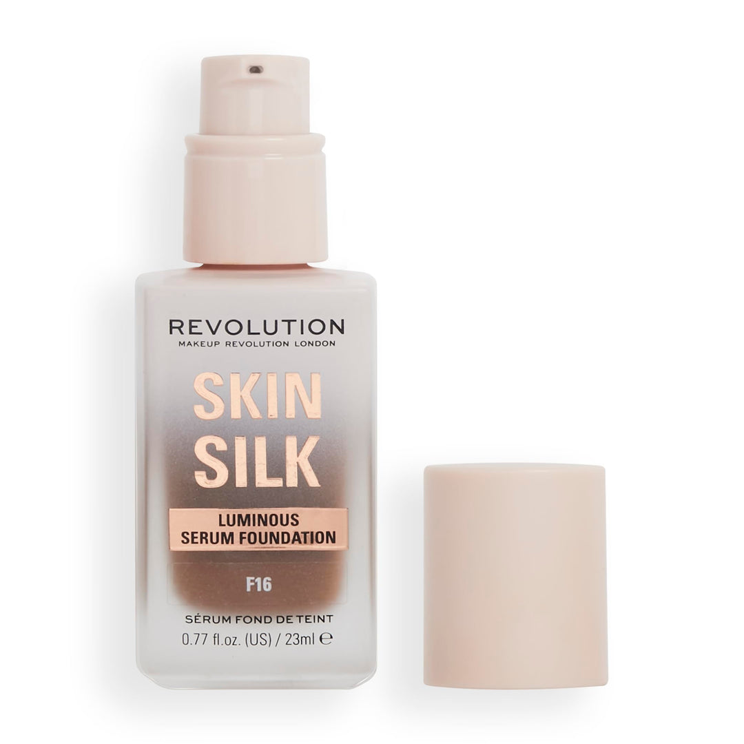 Revolution Beauty, Skin Silk Serum Foundation, Light to Medium Coverage, Lightweight & Radiant Finish, Contains Hyaluronic Acid, F16 Deep Skin Tones, 0.77 Fl. Oz.