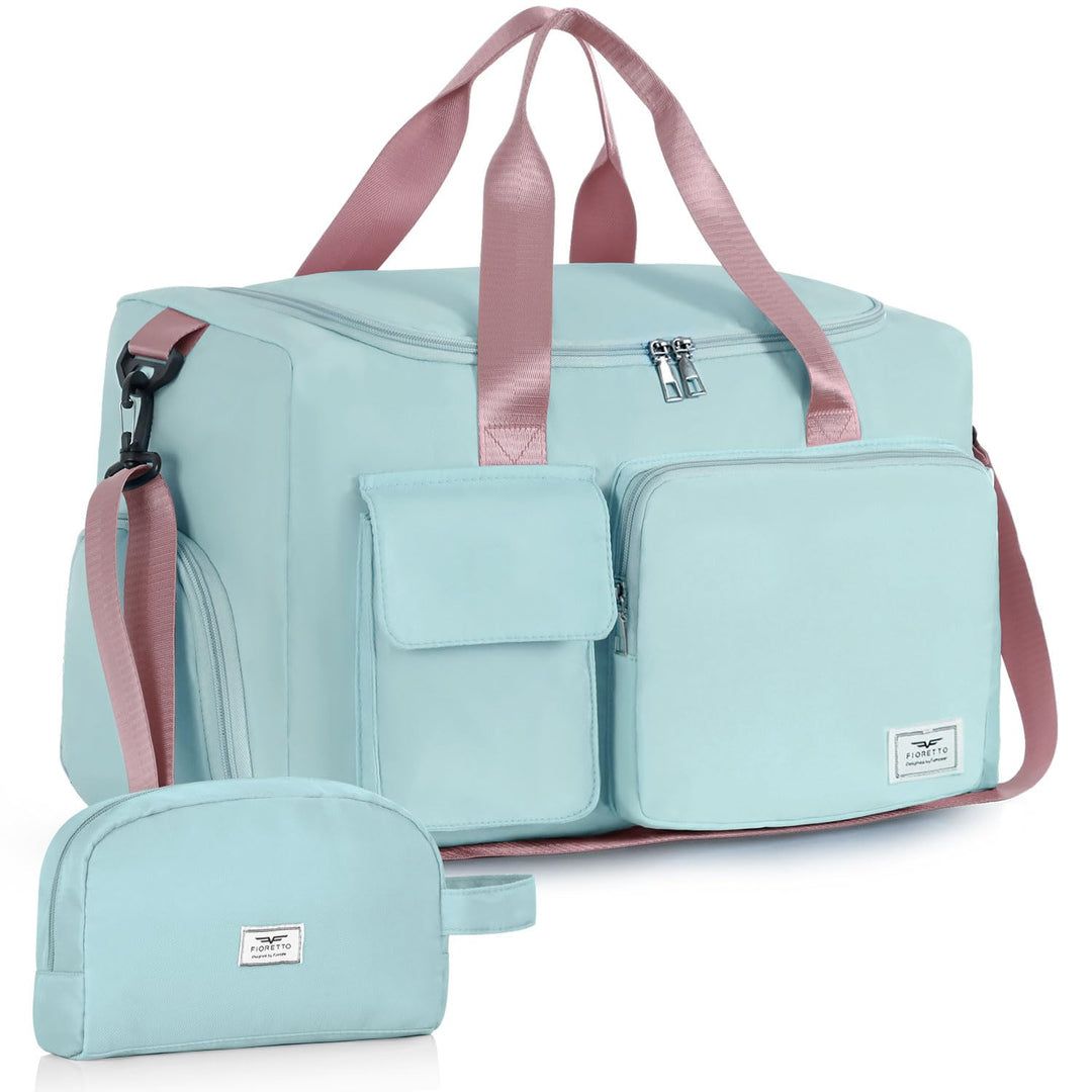 FIORETTO Women's Water-Resistant Gym Duffle Bag with Shoes Compartment, 37L Capacity, Multi-Functional, Ideal for Travel, Gym, Sports, Weekender, with Toiletry Bag, Green & Pink