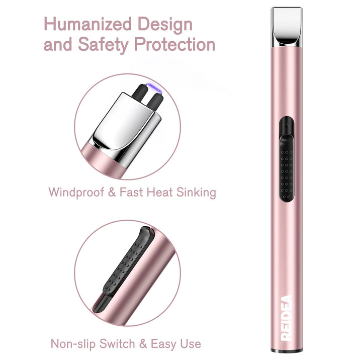 REIDEA Lighter S4 Electronic Candle Lighter USB Rechargeable with Security Lock, Windproof Fast Heat Sinking, Non-Slip Switch Electronic Lighter for Candle, Grill, Camping 2 Pack (Rose Gold + Black)