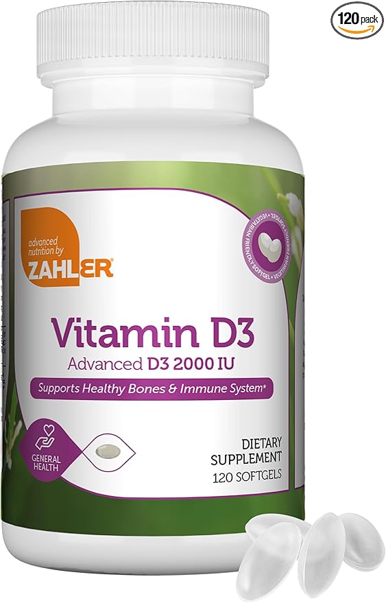 Zahler - Advanced Vitamin D3 2000 IU Softgels (120 Count) Kosher Vegetarian Friendly Vitamin D for Immune Support, Bone, Teeth & Muscle Health - Daily D3 Vitamin Supplement for Adults - Easy Swallow V