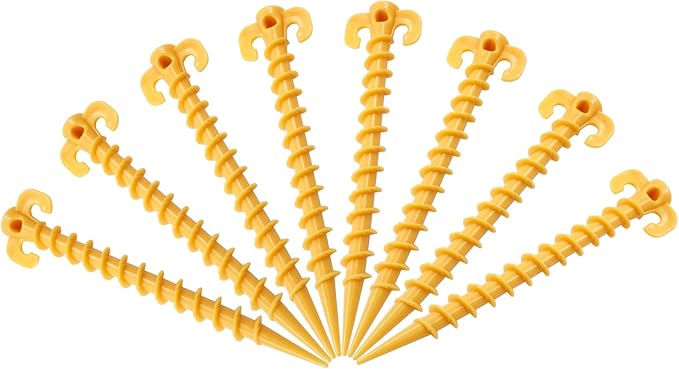 8 Pcs Plastic Tent Stakes, 8 Inch Heavy Duty Screw Stakes for Camping, Backpacking, Gardening, Yellow