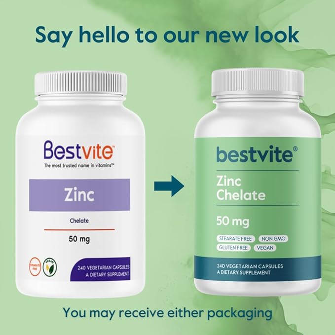 BESTVITE Zinc Chelate 50mg (480 Vegetarian Capsules) (240 x 2) - No Stearates - Vegan - Non GMO - Gluten Free