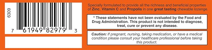 Zincovit - C, Chewable Vitamin C and Zinc Lozenges with Propolis, 60ct, Vegetarian