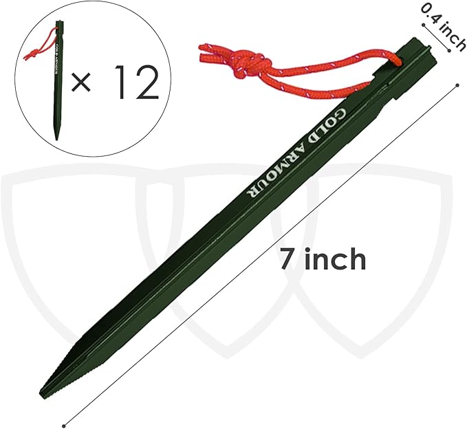 Gold Armour Tent Stakes - 12 Pack Heavy Duty, Lightweight, Camping Stakes Pegs for Outdoor Tent and Tarp, Essential Camping Gear Equipment Accessories (Green)
