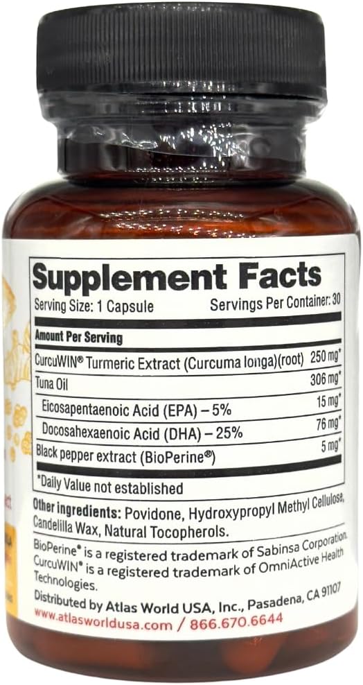 Vitality Rescue, Fish Oil DHA EPA Omega 3 and Turmeric Supplement w/Bioperine, CurcuWin 46X Superior Absorption Curcumin to Support Workout Recovery, Joint, Muscle, Cardio & Brain Health, 30 Capsules