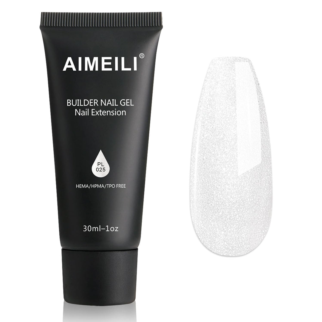 AIMEILI Poly Nail Extension Gel White Glitter Builder Nail Gel Hema Free Poly Nail Enhancement Nail Art Design DIY Salon Nail At Home Gift for Women Nail Gel -025