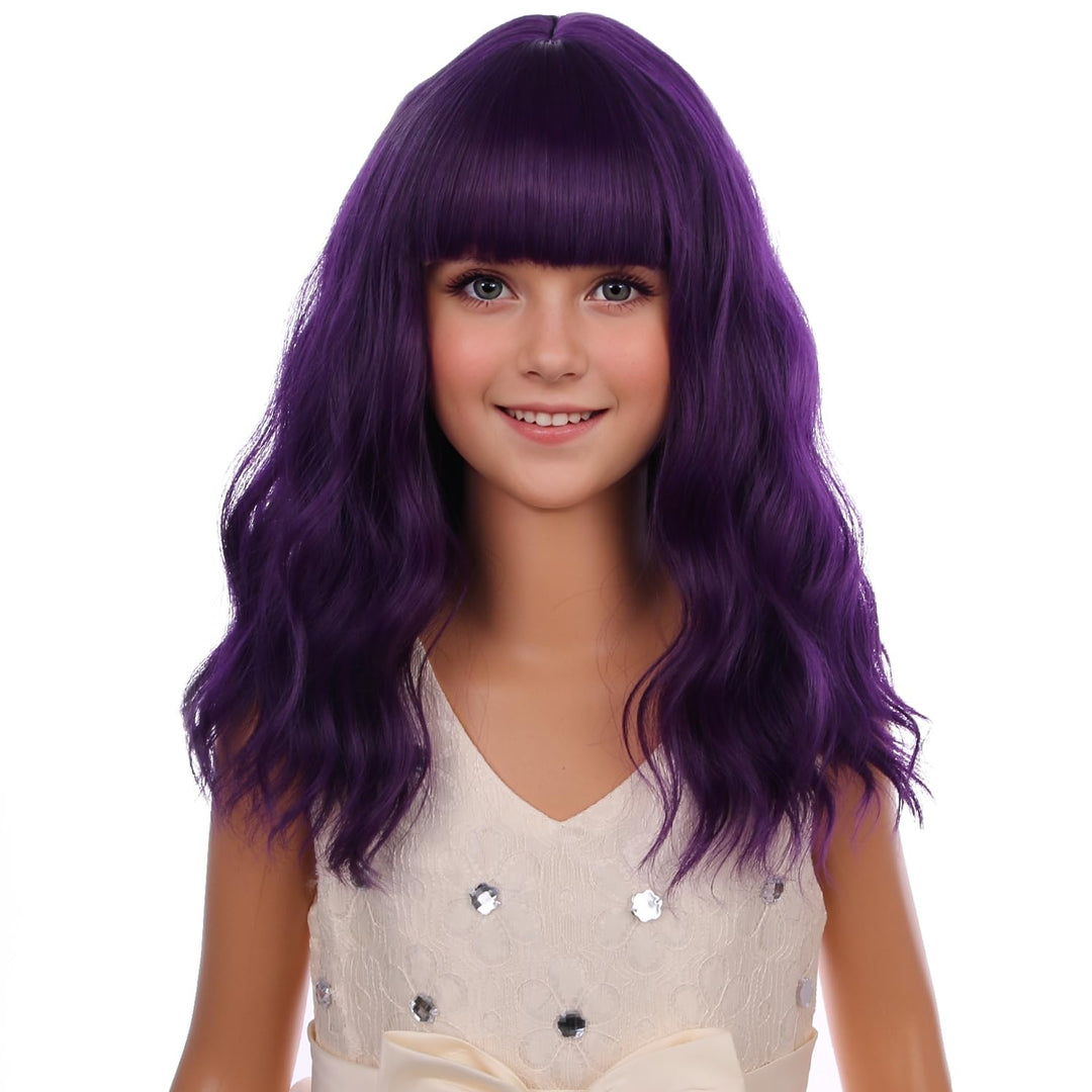 PATTNIUM Child Dark Purple Wig Kids Purple Wig with Bangs Short Wavy Curly Wig Girls Purple Wig Synthetic Cosplay Halloween Party Costume Wig (Dark Purple)