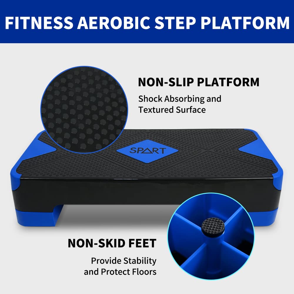 SPART Adjustable Workout Aerobic Stepper, Aerobic Exercise Step Platform with 4 Risers, 3 Levels Adjust 4" - 6" - 8", 26.77" Trainer Stepper with Non-Slip Surface for Home Gym & Extra Risers Options