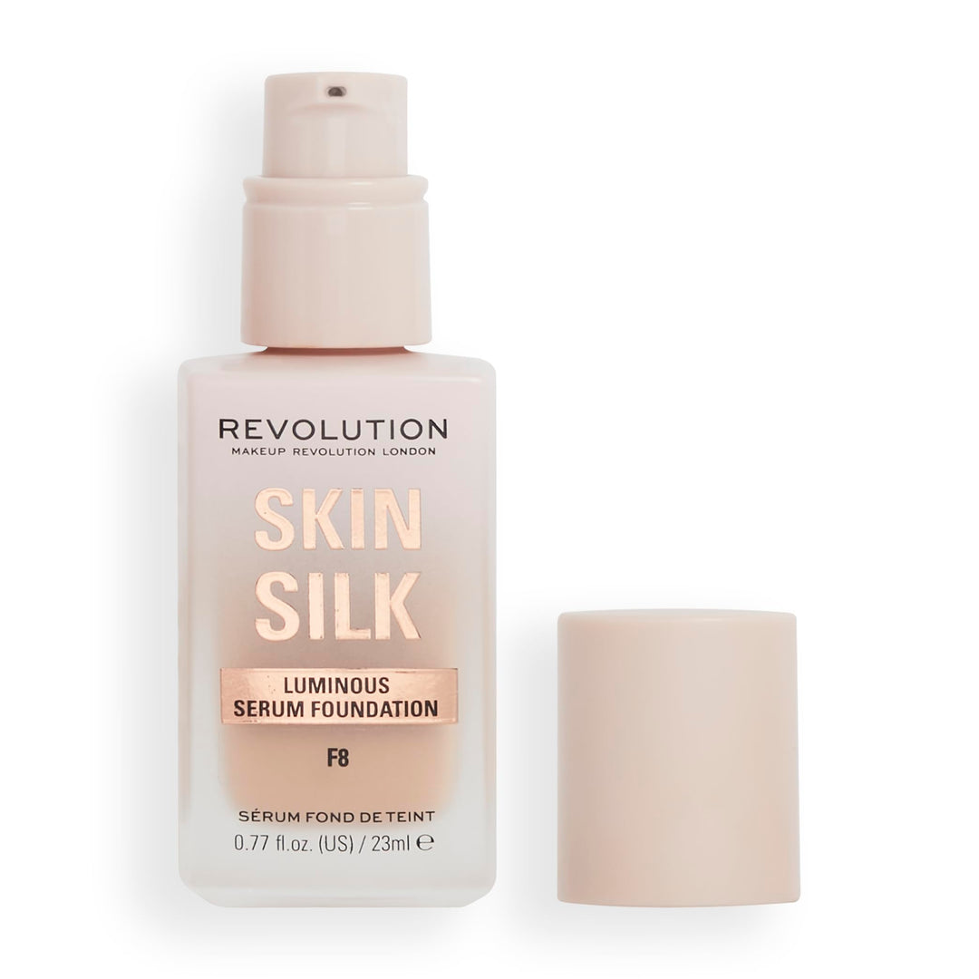 Revolution Beauty, Skin Silk Serum Foundation, Light to Medium Coverage, Lightweight & Radiant Finish, Contains Hyaluronic Acid, F8 Medium Skin Tones, 0.77 Fl. Oz.