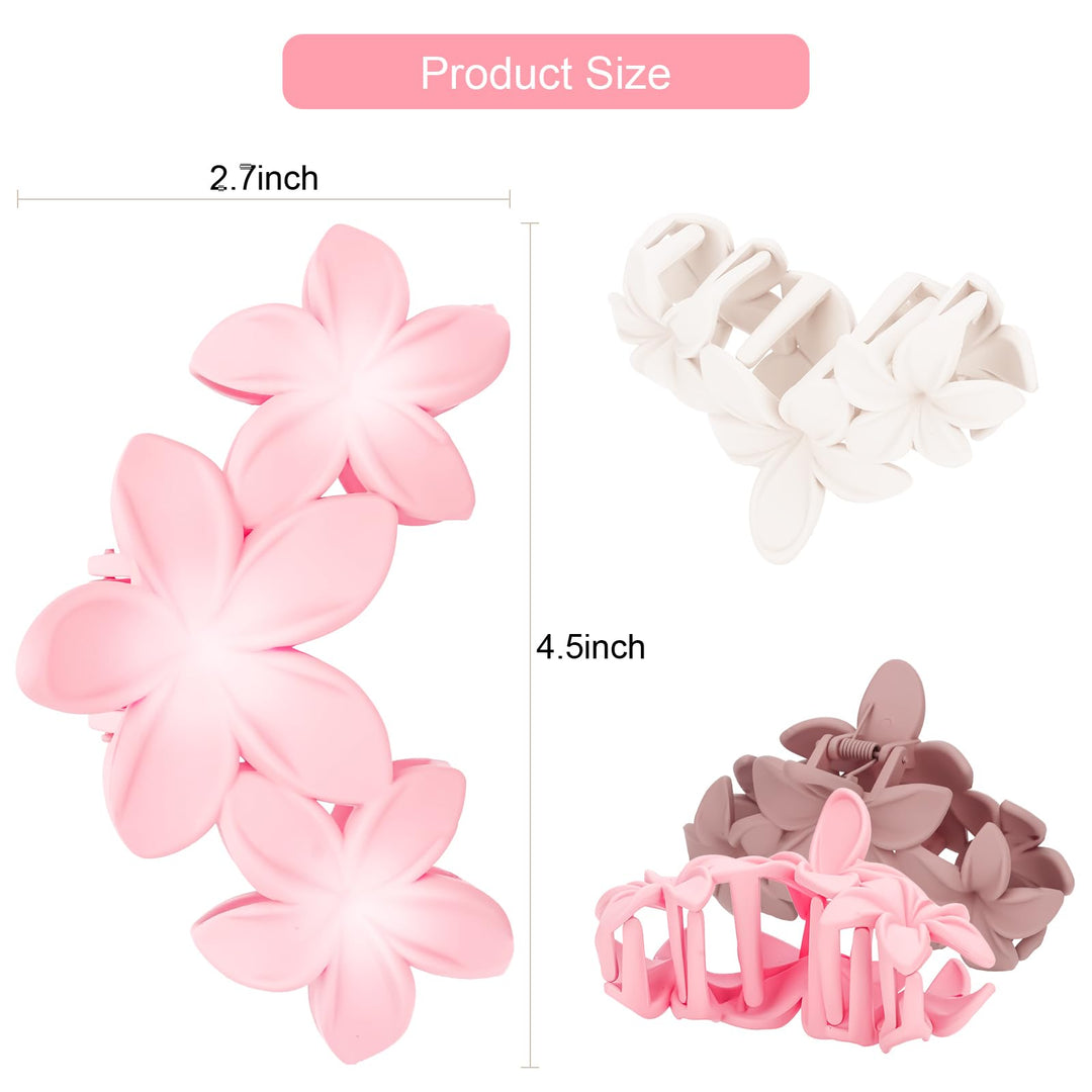 ANBALA Flower Claw Hawaiian Hair Clip, 4PCS Large Plumeria Hair Clips for Women, Non-Slip Strong Hold Clips for Thick Hair, Beach Hair Accessories (Pink, Gradient White, Dark Pink)