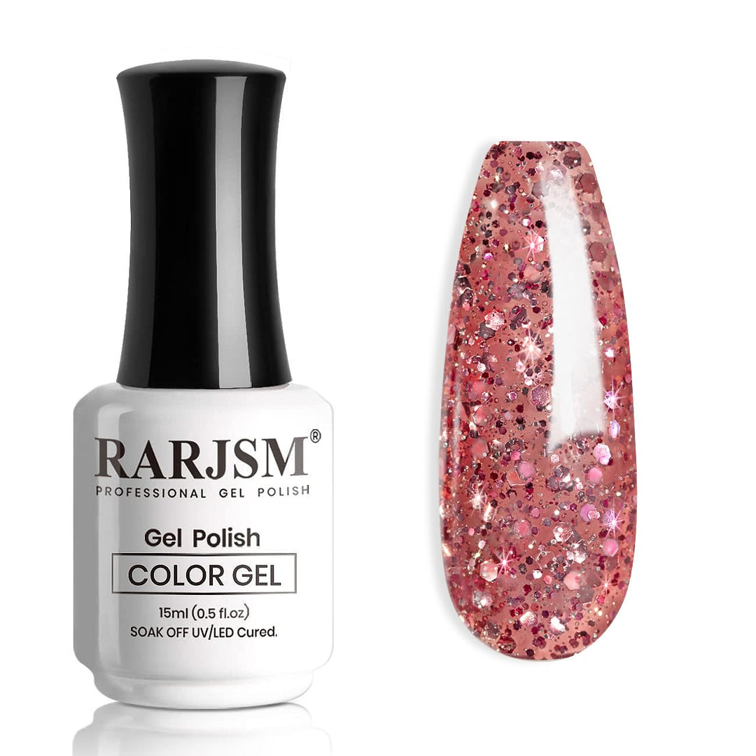 Rarjsm Rose Glitter Gel Nail Polish Big Flakes Diamond Sparkly Chunky Rose Pink Shimmer Pigments Nail Gel Polish Soak Off Led Uv
