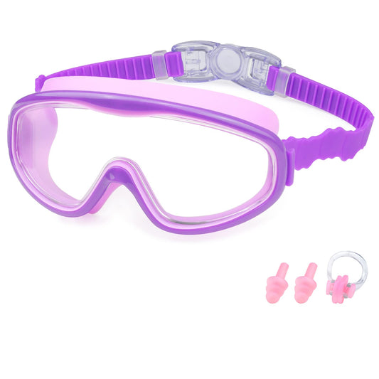 KAILIMENG Kids Swim Goggles, Clear Wide View No-Leak Anti-Fog UV Protection Swimming Glasses with Nose Clip Earplugs for Toddlers Youth Child 3-15 Years Old (Purple)
