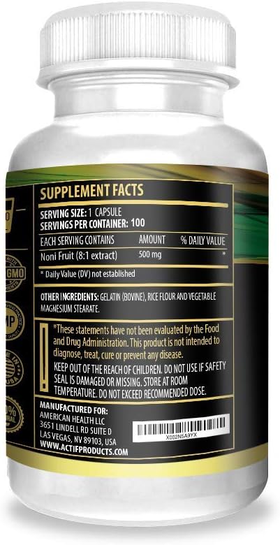 Actif Organic Noni Maximum Strength - 100% Natural Hawaiian Noni, Non-GMO, Made in USA, 100 Count