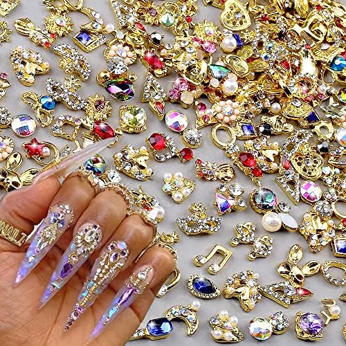 50pcs 3D Gold Nail Charms for Acrylic Nails Mix Styles Rhinestones for Nails Metal Nail Jewels for Nail Art Shiny Zircon Nail Rhinestones Alloy Nail Charm Pearl Nail Gems Cute Charms for Nails Design