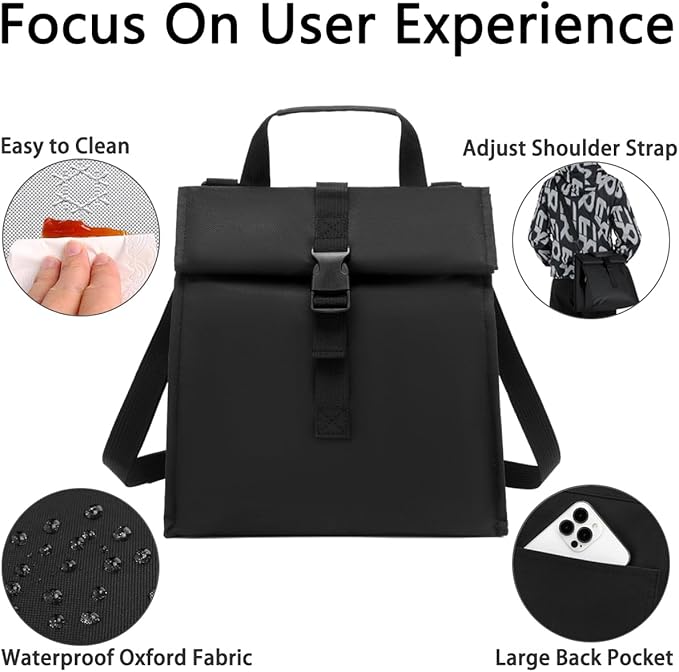 Insulated Lunch Bag for Men/Women/Kids, Roll top Reusable Lunch Box with Adjustable Shoulder Strap, Thermal Lunch Cooler Tote Container for Adults/Teens School Work Office Picnic,Black