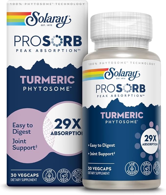 SOLARAY ProSorb Turmeric Supplement Phytosome 500 mg - 29X High Absorption Turmeric Curcumin Supplement for Joint Health Support - Easy-to-Digest Curcumin, Vegan, 60-Day Guarantee, 30 Serv, 30 VegCaps
