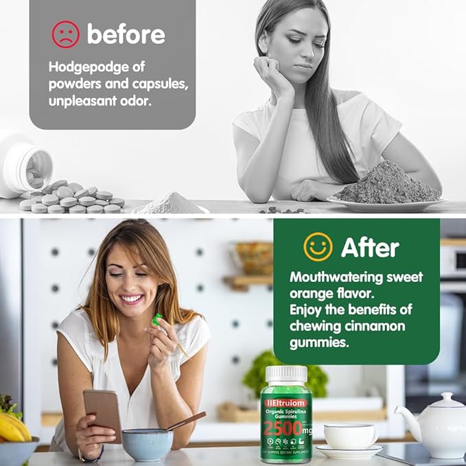 Spirulina Gummies, Organic Spirulina 2500mg Enhanced Daily Energy - Your Daily Super Greens with Sea Moss, Chlorophyll, GLA, Non-GMO, Gluten Free, 60 Vegan Gummies