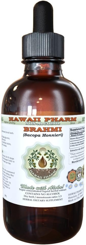 Brahmi Alcohol-Free Liquid Extract, Organic Brahmi Liquid (Bacopa Monnieri) Whole Dried Herb Glycerite Hawaii Pharm Natural Herbal Supplement 2 oz