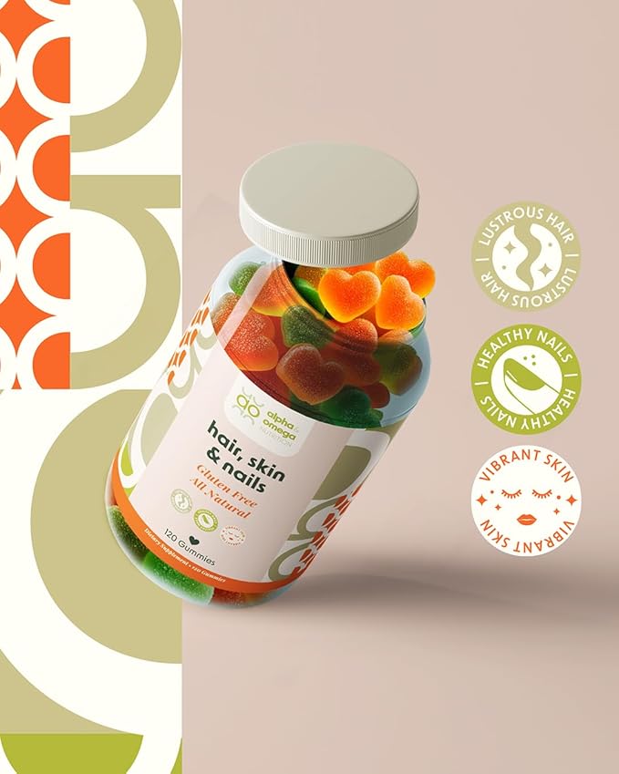 Alpha & Omega Nutrition Hair, Skin & Nails with Biotin, Vitamin Supplement, Lustrous Hair, Healthy Nails and Vibrant Skin for Women, 5000mcg, 120 Gummies, Gluten Free, All Natural, 2 Month Supply