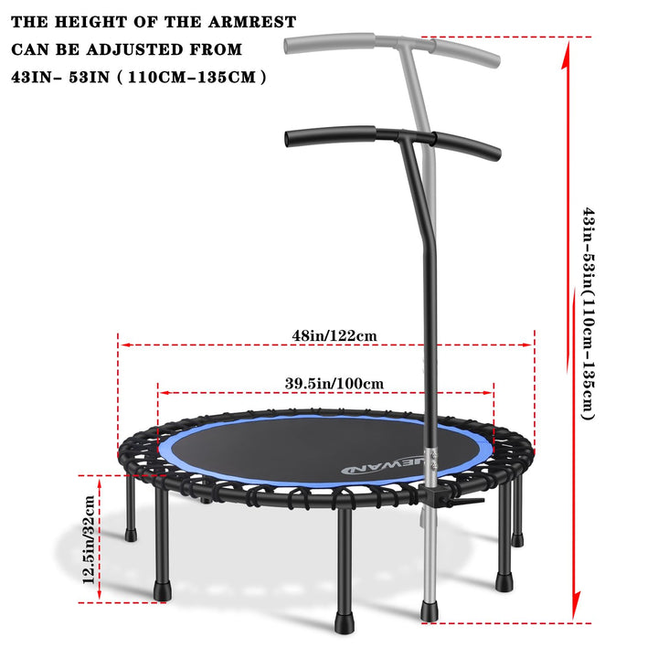Newan 48" Silent Fitness Mini Trampoline Fitness Rebounder with Adjustable Foam Handle,Indoor Small Rebounder Exercise Trampoline for Adults Indoor/Garden Workout - Max Limit 330 lbs