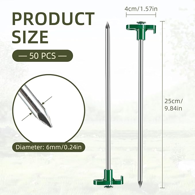 50 Pack Tent Stakes Heavy Duty 10 Inch Camping Stakes Yard Stakes Metal Tent Pegs for Ground Stakes Tent Spikes for Camping Garden Yard (Green)