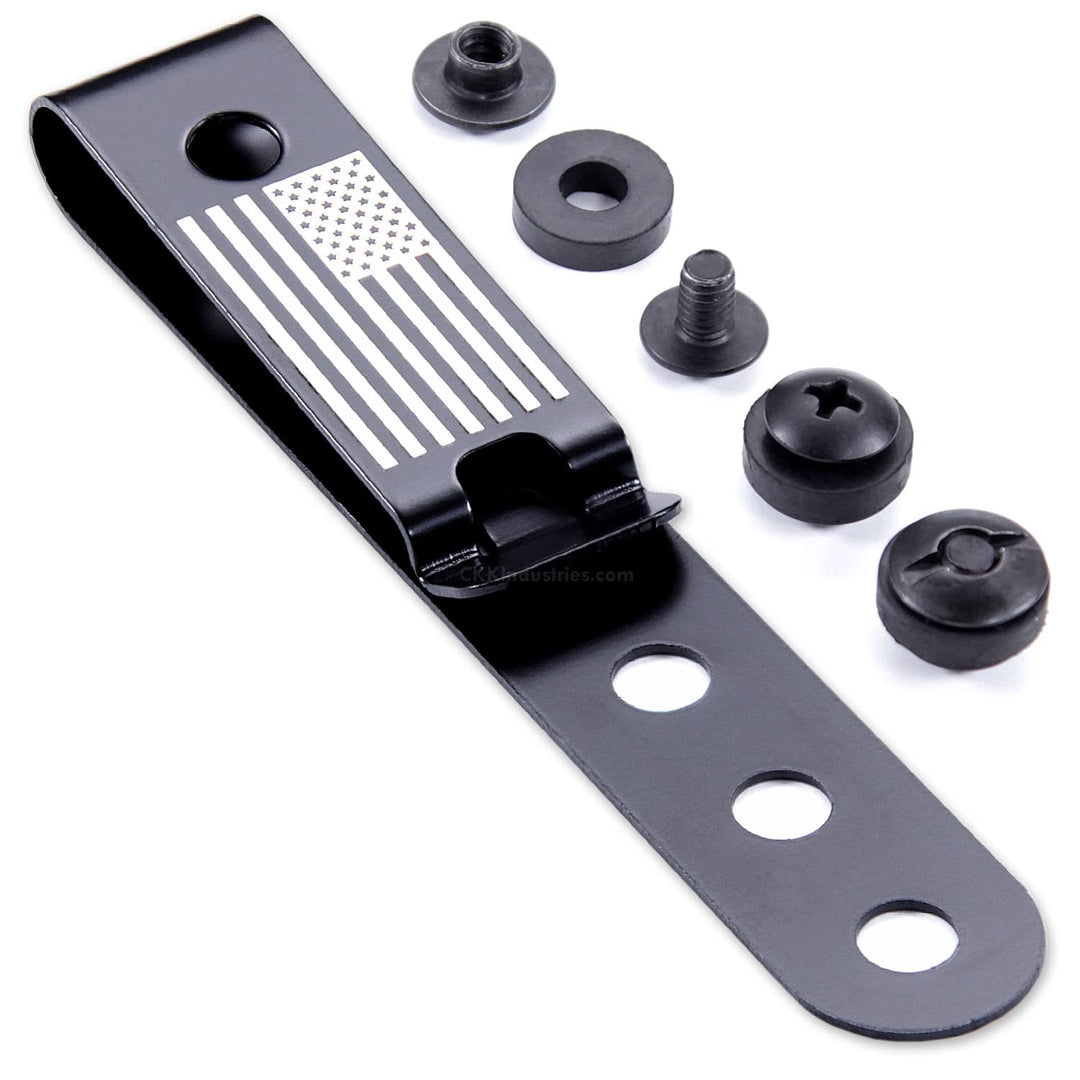 Universal Metal Belt Clip for Holster Making - (Model 5) - (3-Hole) - (Tactical Black) - (w/USA Flag Engraving) - (w/Mounting Hardware) - (1 Pack)