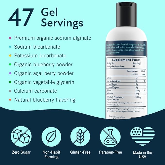 Acid Reflux Therapy PM with Organic Alginate & Melatonin, Rapid & Lasting Gerd, LPR & Digestion Symptom Support, Zero Sugar, Gluten Free, Midnight Berry, 47 Gel Servings, 8 OZ Bottle