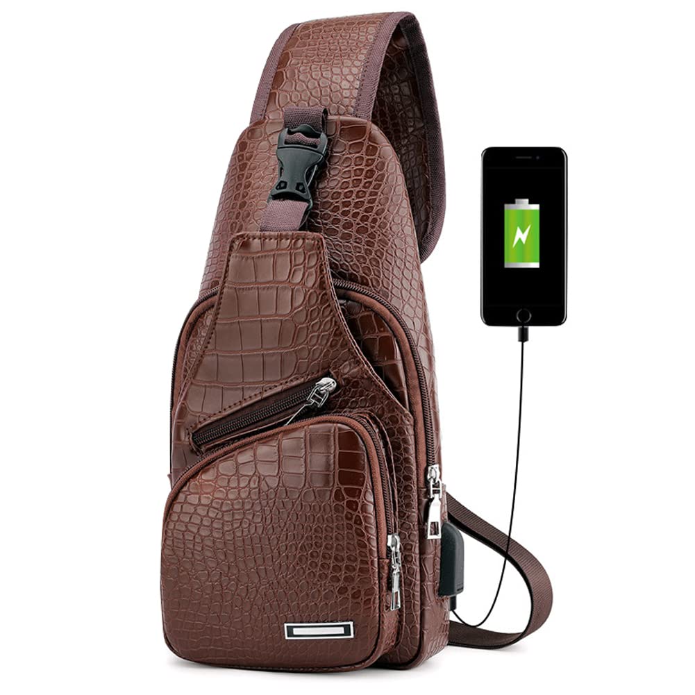 Peicees Leather Sling Bag Mens Crossbody Bag Chest Bag Sling Backpack for Men with USB Charge Port